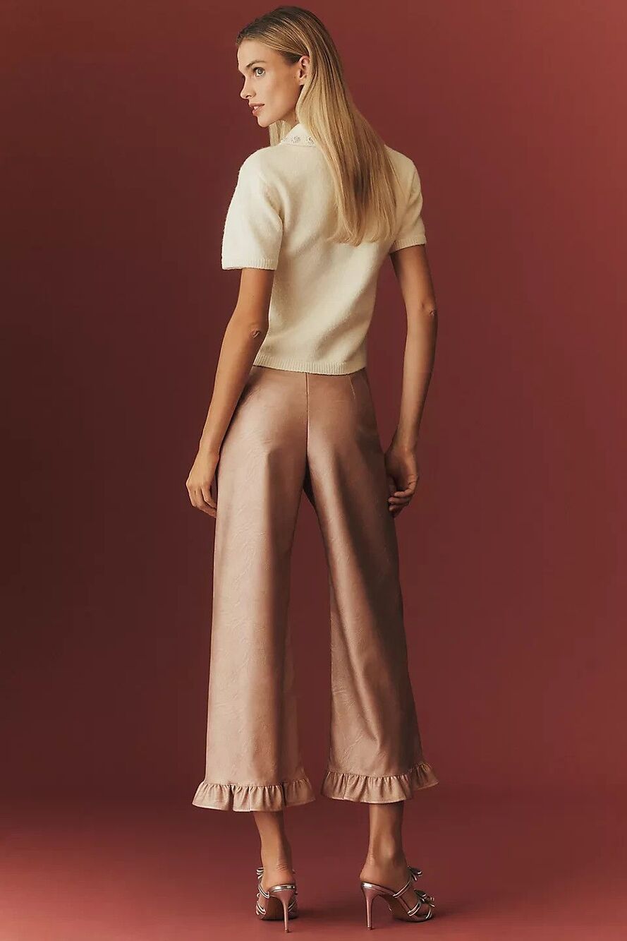 Anthropologie Maeve Colette Crop Metallic Faux Leather Ruffle Hem Pants 32 NWT